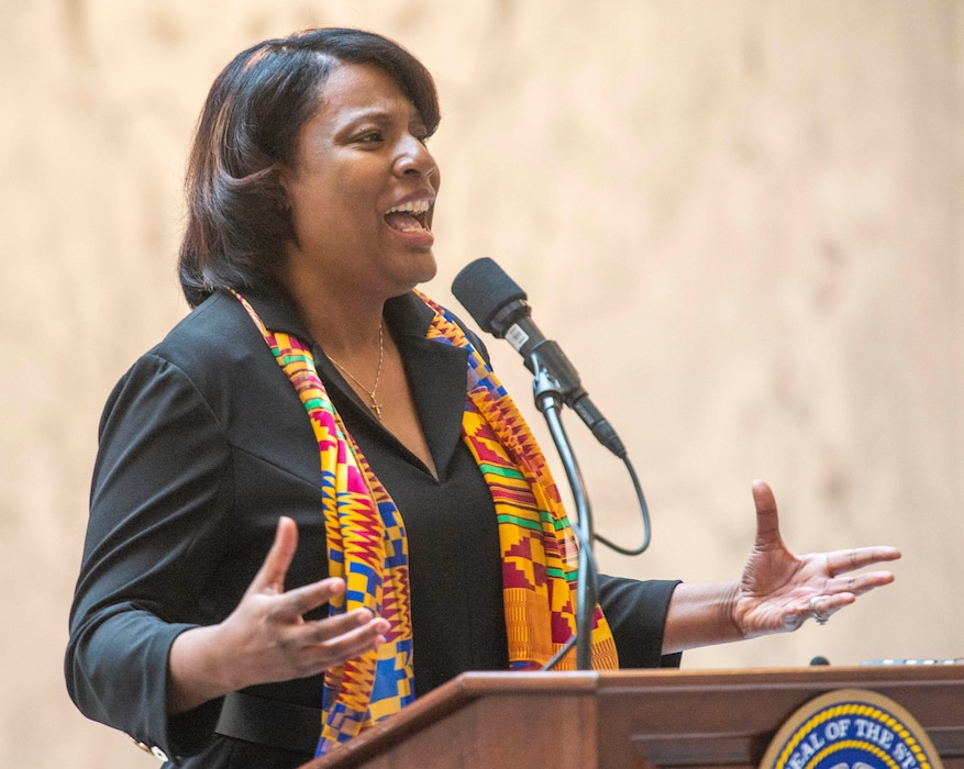 (Rick Egan  |  Tribune file photo)   In this April 2, 2019, file photo, Rep. Sandra Hollins says a few words before Gov. Gary R. Herbert signed a new hate crimes bill into law, at the Utah State Capitol.