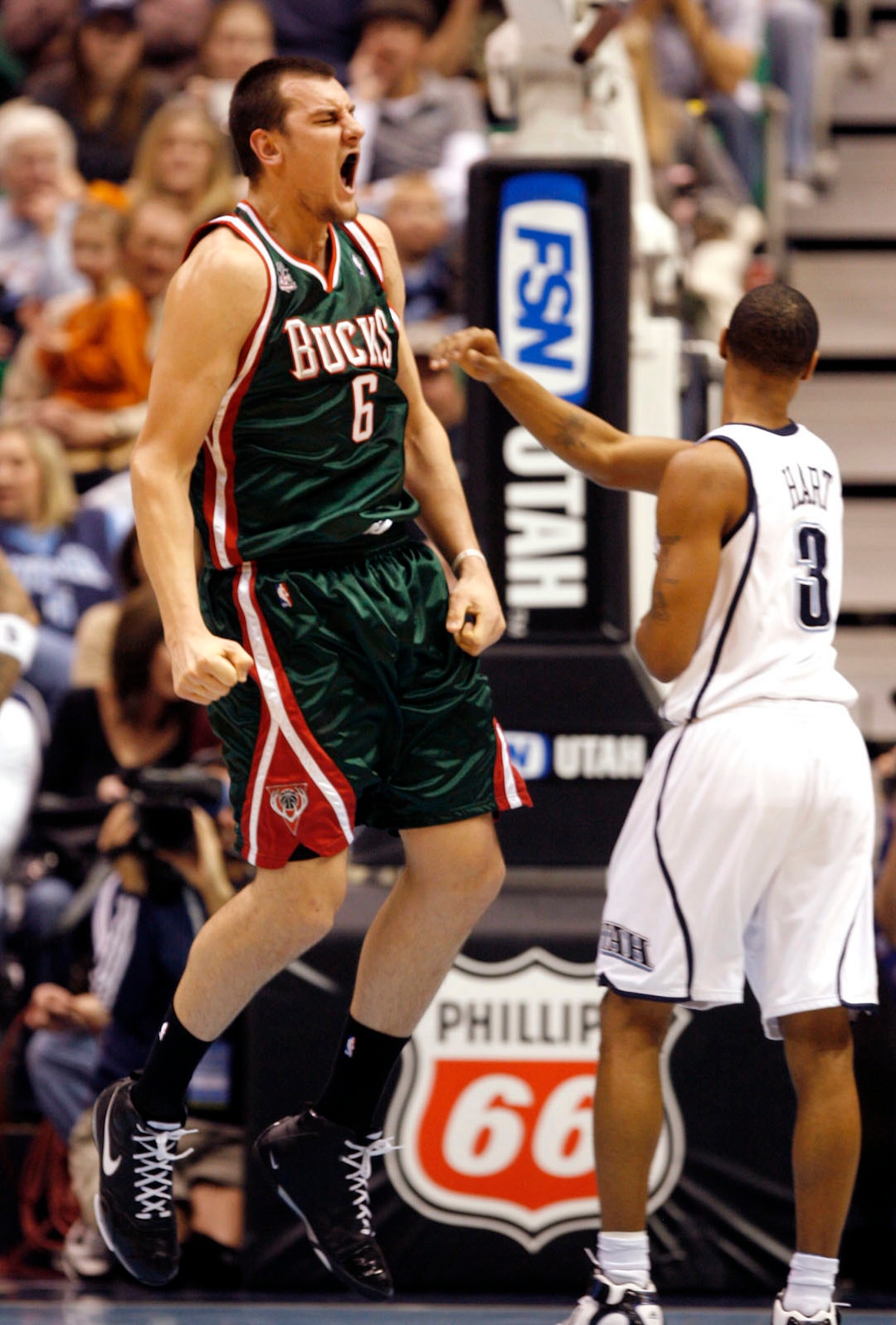 Andrew Bogut celebrates after a slam dunk in the 4th quarter for the Bucks, in NBA action Jazz vs. Milwaukee Bucks, in Salt Lake Monday night.  Rick Egan/The Salt Lake Tribune   1/14/2008