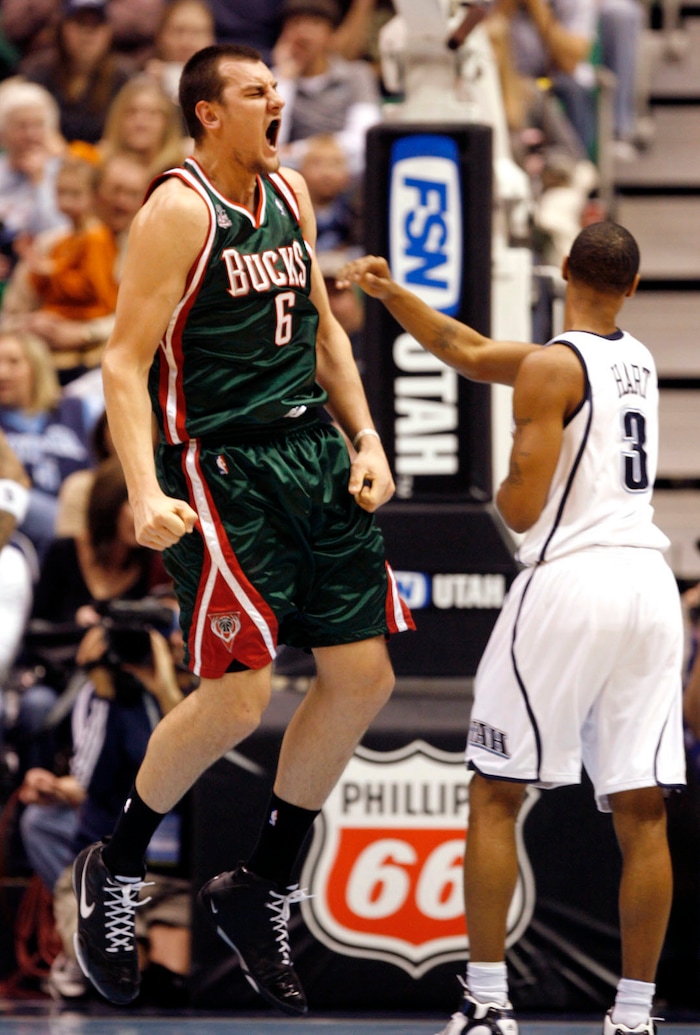 Andrew Bogut celebrates after a slam dunk in the 4th quarter for the Bucks, in NBA action Jazz vs. Milwaukee Bucks, in Salt Lake Monday night.  Rick Egan/The Salt Lake Tribune   1/14/2008