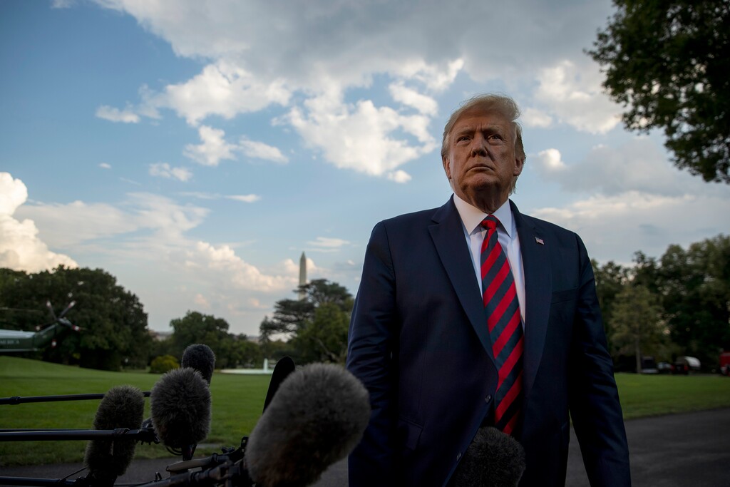 (Anna Moneymaker | The New York Times) President Donald Trump speaks to reporters before boarding Marine One on the South Lawn at the White House in Washington, Sept. 12, 2019. State prosecutors in Manhattan have subpoenaed the president’s accounting firm to demand eight years of his personal and corporate tax returns, according to several people with knowledge of the matter.