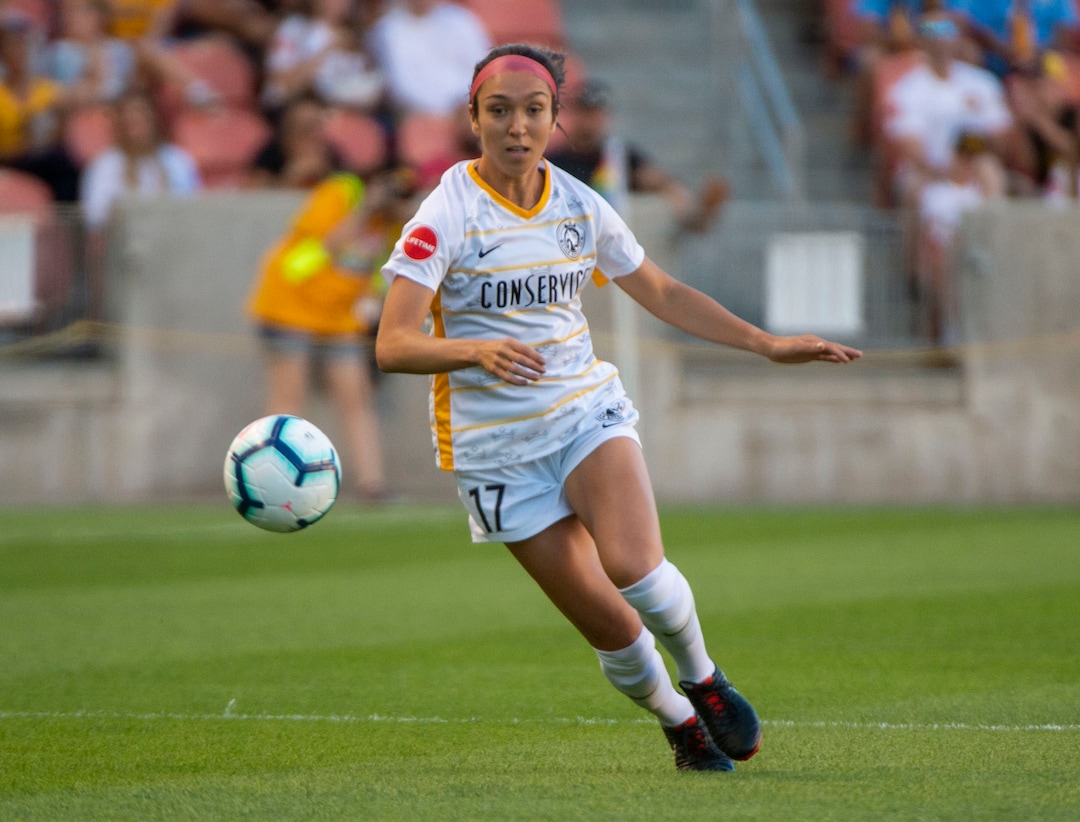 (Rick Egan  |  The Salt Lake Tribune)   Utah Royals FC defender Samantha Johnson (16) goes for the ball along in soccer action between Utah Royals FC and Seattle Reign FC in Sandy, Friday, June 28, 2019.
