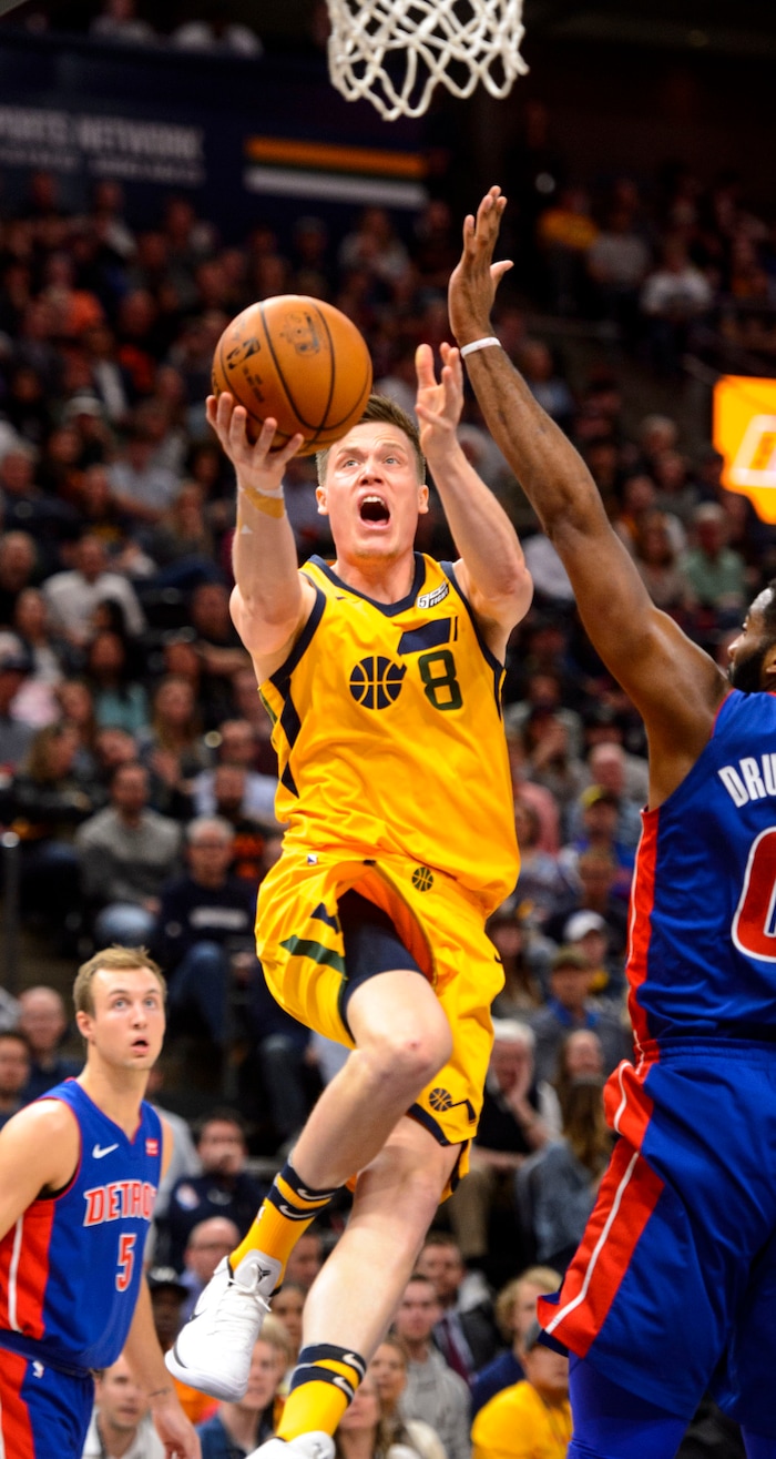 (Steve Griffin  |  The Salt Lake Tribune)  Utah Jazz forward Jonas Jerebko (8) drives to the basket for two points during the Utah Jazz versus Detroit Pistons at Vivint Smart Home Arena in Salt Lake City Tuesday March 13, 2018.