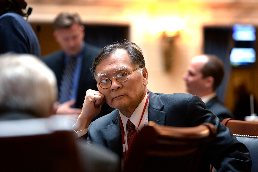 (Scott Sommerdorf | Tribune file photo) 
Senator Brian Shiozawa, R-Cottonwood Heights, speaks with fellow lawmakers in the Utah Senate, February 22, 2017.