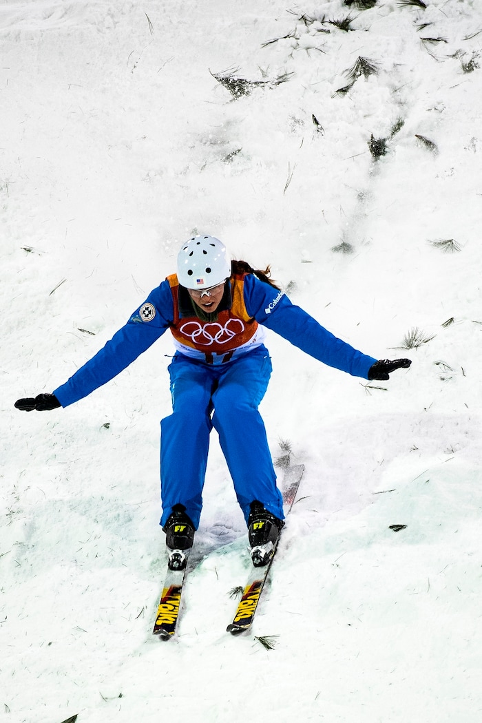 (Chris Detrick  |  The Salt Lake Tribune)  USA’s Madison Olsen competes during the Ladies' Aerials Qualification at Phoenix Park during the Pyeongchang 2018 Winter Olympics Thursday, Feb. 15, 2018. Olsen's highest score was 87.88, advancing to the finals. 