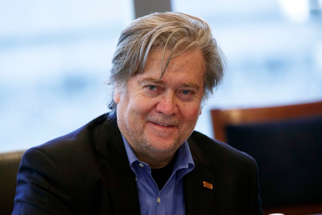 FILE - In this Oct 7, 2016 photo, Steve Bannon, former head of Breitbart News and campaign CEO for then Republican presidential candidate Donald Trump, appears at a national security meeting with advisers at Trump Tower in New York. Donald Trump’s disavowal this week of white supremacists who have cheered his election as president hasn’t quieted concerns about the movement’s impact on his White House or whether more acts of hate will be carried out in his name.  (AP Photo/ Evan Vucci, File)