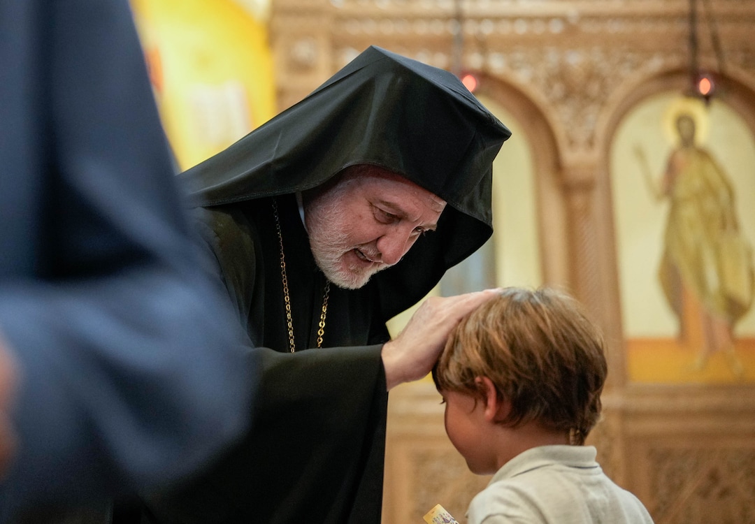 (Francisco Kjolseth  |  The Salt Lake Tribune) Archbishop Elpidophoros of America meets with parishioners following opening ceremonies at St. Anna Greek Orthodox Church in Sandy on Saturday, July 13, 2024.