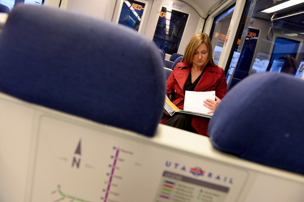 (Leah Hogsten | The Salt Lake Tribune) Salt Lake County mayor Jenny Wilson walked from her home to the U of U Medical Center TRAX train station to ride the train to work on Monday, Oct. 21, 2019. From October 21 through October 25, the mayor rode UTA buses, trains,
and even hop on a GREENbike as her only modes of transporation for work and personal life.