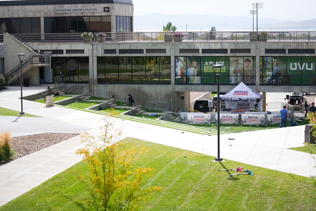 (Bethany Baker | The Salt Lake Tribune) Crime scene tape is visible where conservative commentator Charlie Kirk was shot and killed during an event at Utah Valley University in Orem on Wednesday, Sept. 10, 2025.