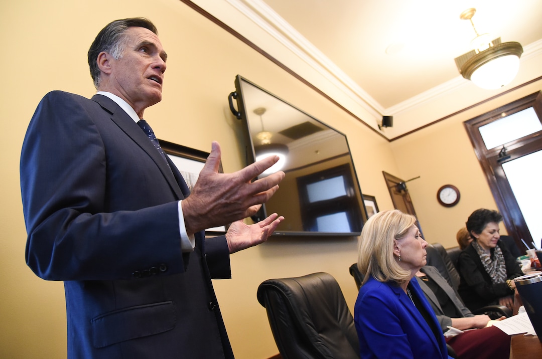 (Francisco Kjolseth  |  The Salt Lake Tribune)  Sen. Mitt Romney meets state lawmakers at the Utah Capitol as he speaks with members of the Democratic House Caucus during a series of meetings on Thursday, Feb. 21, 2019.