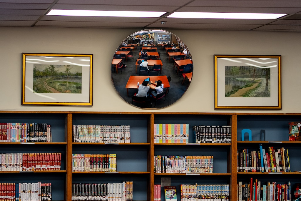 (Trent Nelson  |  The Salt Lake Tribune) The library at West High School in Salt Lake City on Wednesday, April 29, 2026. Utah banned seven more books from all public schools in the state, bringing the total to 44 prohibited titles.