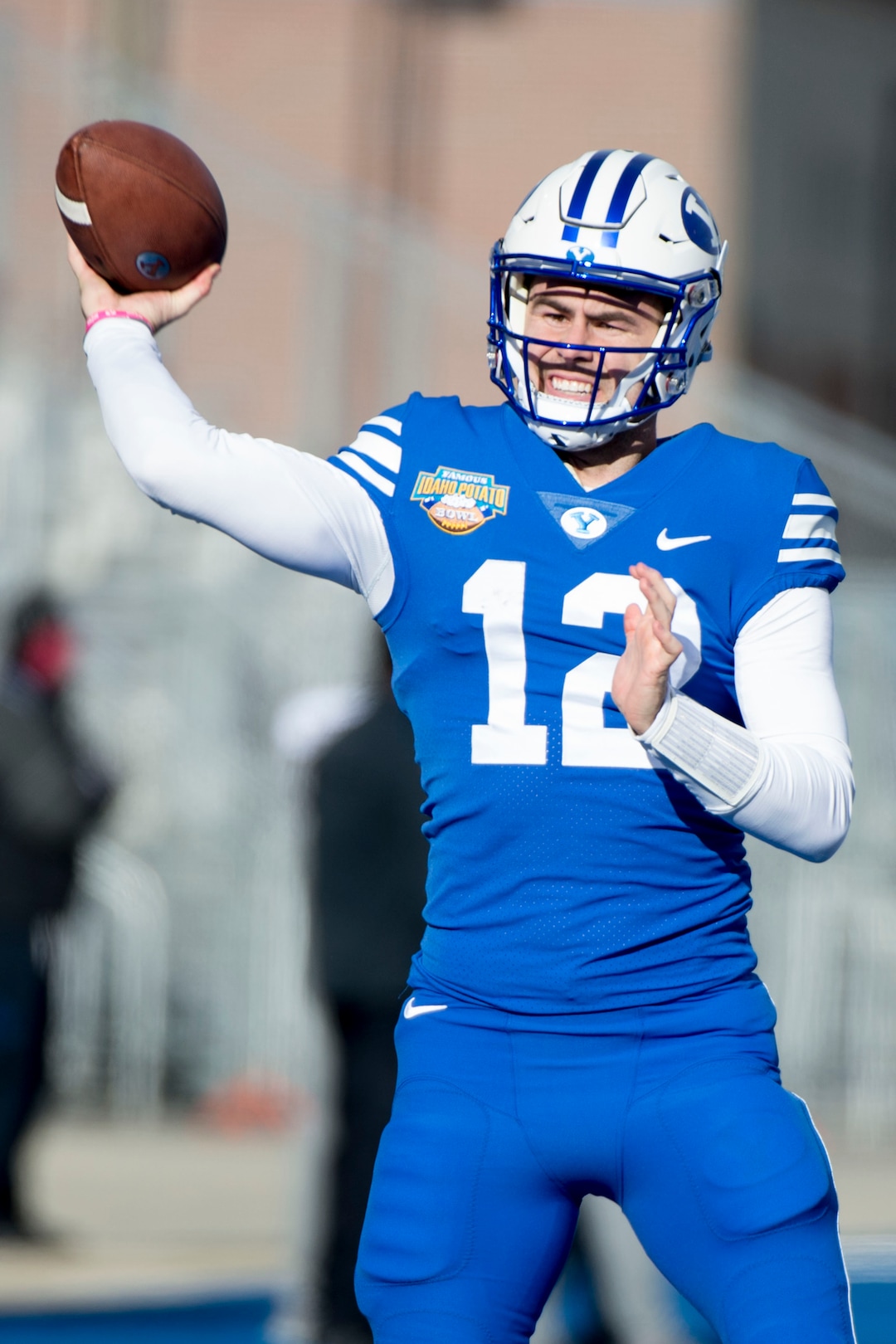 (Jeremy Harmon  |  The Salt Lake Tribune) Brigham Young Cougars quarterback Tanner Mangum (12) warms up as BYU gets ready to face the Western Michigan Broncos in the Famous Idaho Potato Bowl in Boise, Idaho, on Friday, Dec. 21, 2018.