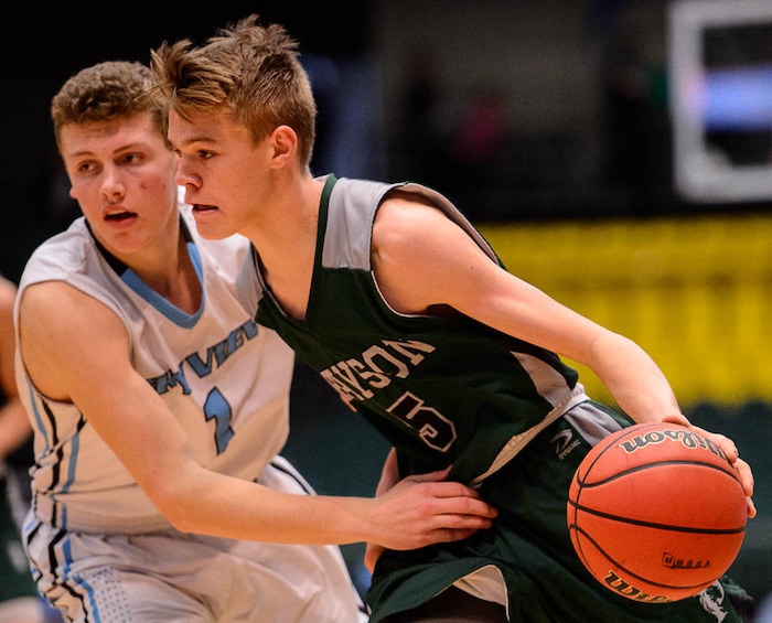 (Trent Nelson | The Salt Lake Tribune)  Payson vs. Sky View, 4A State high school basketball tournament at Utah Valley University in Orem, Thursday March 1, 2018. Sky View's Mason Falslev (1), Payson's Logan Sorensen (5).
