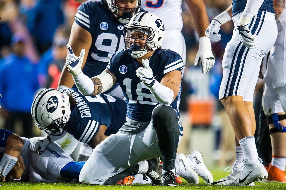 (Chris Detrick  |  The Salt Lake Tribune)  Brigham Young Cougars defensive lineman Sione Takitaki (16) reacts after failing to recover a fumble during the game LaVell Edwards Stadium Friday, October 6, 2017. 