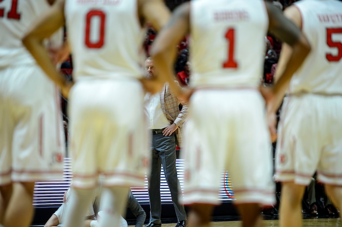 (Steve Griffin  |  The Salt Lake Tribune) Utah head coach Larry Krystkowiak looks at his players during an injury time out during the Utah Utes versus Arizona State Sun Devils at the Huntsman Center on the University of Utah campus in Salt Lake City Sunday January 7, 2018.