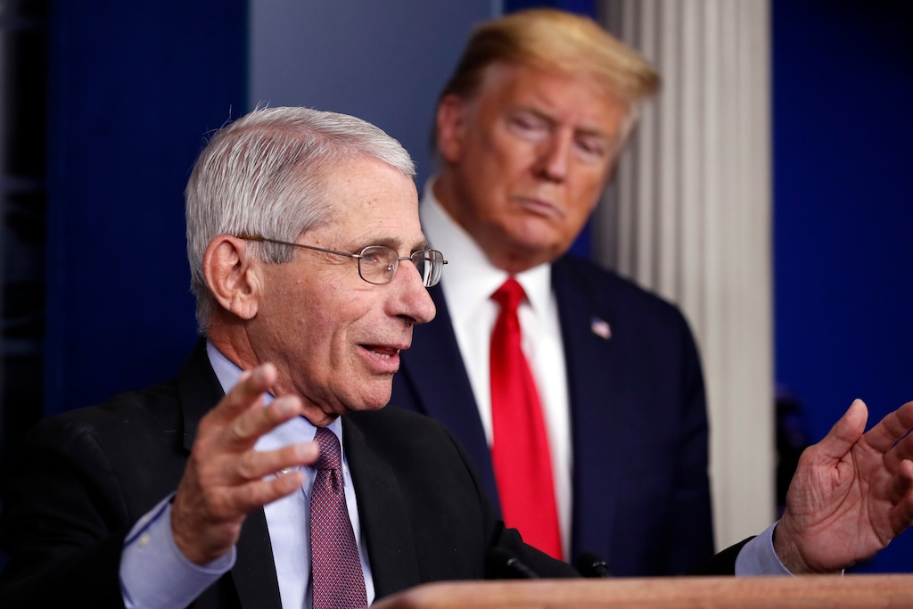 (Alex Brandon | AP file photo)
In this April 22 photo, President Donald Trump watches as Dr. Anthony Fauci, director of the National Institute of Allergy and Infectious Diseases, speaks about the coronavirus in the James Brady Press Briefing Room of the White House in Washington. After weeks of near-daily plugs for the use of hydroxychloroquine to help treat COVID-19 patients, Trump and the White House abruptly stopped discussing the drug a week ago. His promotion of the drug, based on isolated reports and instinct, frequently put him at odds with medical professionals, including Fauci, the nation's top infectious disease expert, who said evidence for the efficacy of the drug for COVID-19 patients was "anecdotal."