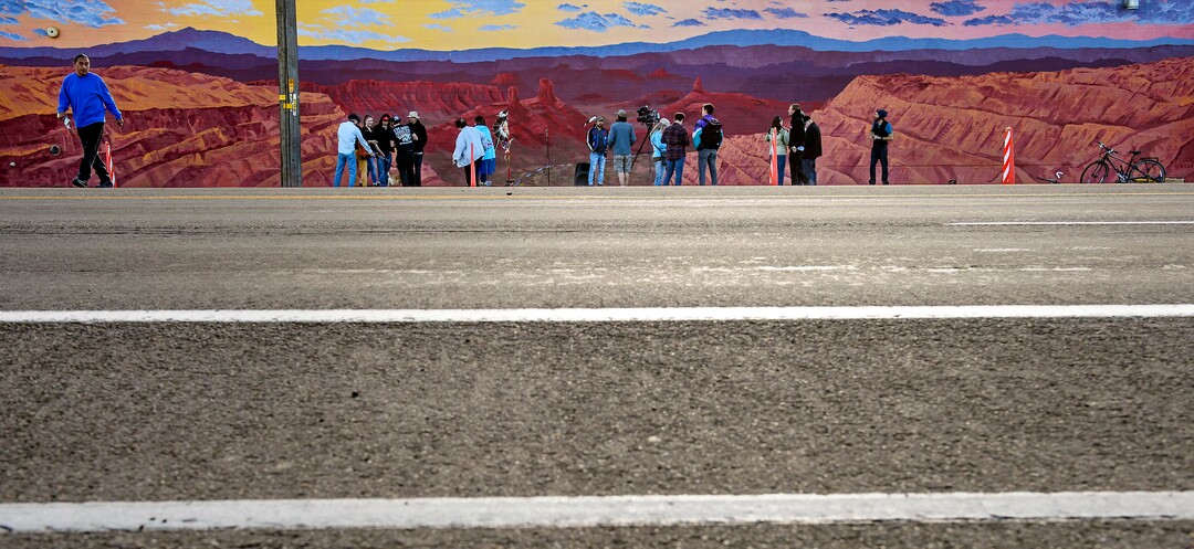 (Steve Griffin  |  The Salt Lake Tribune) Utah graphic artist Josh Scheuerman's 100’x20’ mural of the sacred lands of the Bears-Ears Inter-Tribal Coalition is officially dedicated during ceremony on 800 South near 300 West in Salt Lake City on Friday, Nov. 24, 2017.