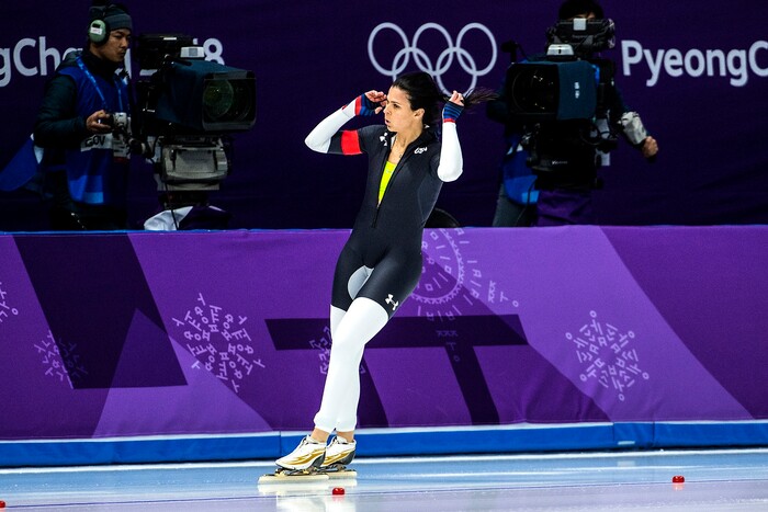 (Chris Detrick  |  The Salt Lake Tribune)  USA's Brittany Bowe reacts after racing Netherlands' Jorien Ter Mors in the Ladies' 1,000m during the Pyeongchang 2018 Winter Olympics Wednesday, Feb. 14, 2018.  Bowe finished in 4th place with a time of 1:14.36.