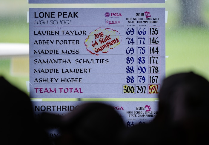 (Francisco Kjolseth  |  The Salt Lake Tribune)  Lone Peak celebrates their team title on day two of the Class 6A girls' golf state tournament at Meadow Brook Golf Course in Taylorsville on Tuesday, May 15, 2018.