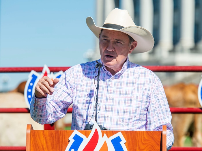 (Rick Egan  |  The Salt Lake Tribune)       Gov. Herbert speaks at a news conference about the Days of 47 festivities, on the State Capitol lawn with longhorn cattle in the background, Tuesday, July 16, 2019.