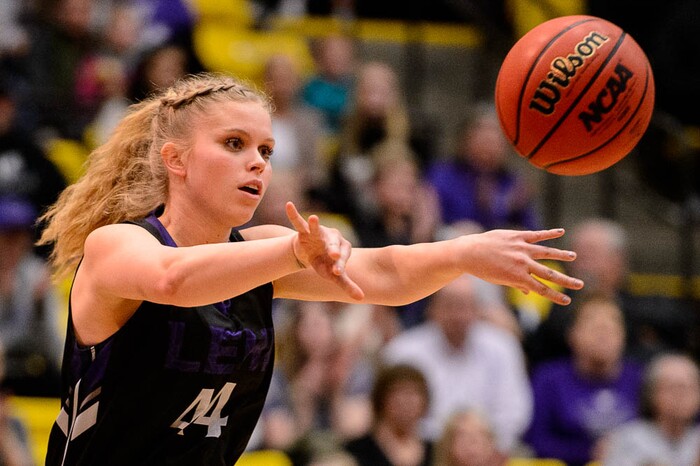 (Trent Nelson | The Salt Lake Tribune)
Lehi vs. Desert Hills, 4A State high school basketball tournament at Utah Valley University in Orem, Thursday March 1, 2018. Lehi's Mikayla Mineer (44).