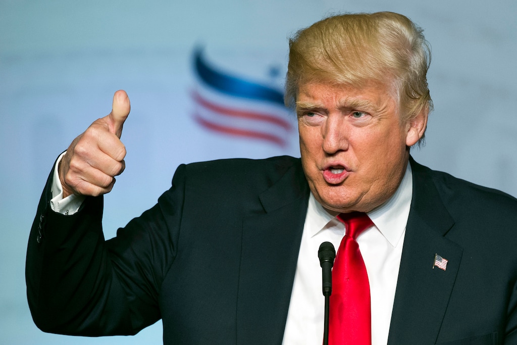 (Cliff Owen | The Associated Press) In this June 10, 2016 file photo, Republican presidential candidate Donald Trump gives a thumbs-up while addressing the Faith and Freedom Coalition's Road to Majority Conference in Washington. The billionaire running for president wants to convince millions of Americans to give him money. With the simple tap of the “send” button one day last week, Donald Trump collected $3 million in campaign contributions, as much as he did in the entire month of May. He had asked for donations of $10 or more, with the promise of chipping in $2 million of his own money as a match.