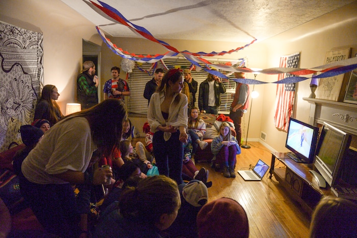 (Leah Hogsten | The Salt Lake Tribune) Westminster students and friends of first-time Olympian Darian Stevens gathered for a watch party in Sugar House to cheer on Stevens as she competes in her first qualifying ski slopestyle competition run Friday, Feb. 16, 2018 during the 2018 Pyeongchang Winter Olympics. Stevens is a graduate of the Park City Winter Sports School and a business major at Westminster.