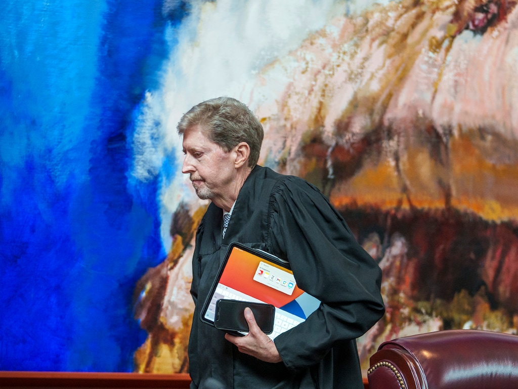 (Leah Hogsten | The Salt Lake Tribune) Chief Justice Matthew B. Durrant leaves the bench after hearing oral arguments for a case challenging the state’s congressional districts before the Utah Supreme Court in Salt Lake City, Tuesday, July 11, 2023.