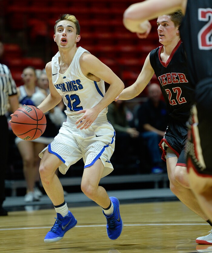 (Francisco Kjolseth  |  The Salt Lake Tribune)  Weber vs Pleasant Grove, 6A State high school basketball tournament at the Huntsman Center in Salt Lake City, Thursday March 1, 2018. Pleasant Grove's Tyler Fairbanks (12) marks his target. 