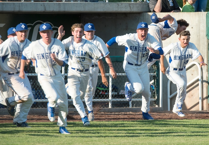 (Rick Egan  |  The Salt Lake Tribune)  The Bingham Miners celebrate their win over Riverton, in 6A state baseball State  Championship game, at UVU in Orem, Friday, May 25, 2018.