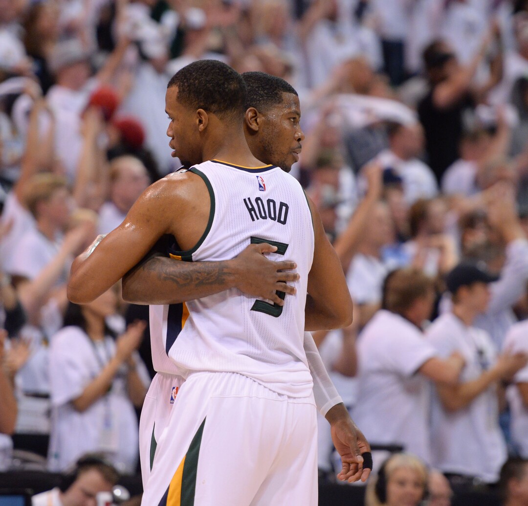 Steve Griffin  |  The Salt Lake TribuneUtah Jazz guard Rodney Hood (5) and Utah Jazz forward Joe Johnson (6) hug as the Jazz pull away from the Clippers late in the fourth quarter of their NBA playoff game at Viviint Smart Home arena in Salt Lake City Sunday April 23, 2017.