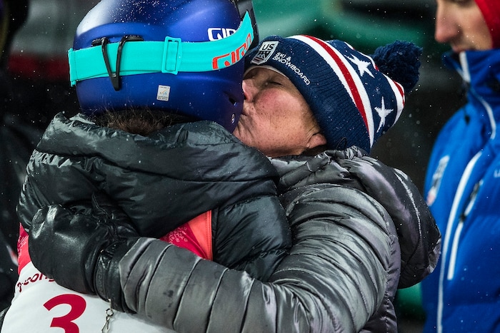 (Chris Detrick  |  The Salt Lake Tribune)  USA's Sarah Hendrickson gets a kiss from her mom Nancy Hanson after competing in the Ladies' Normal Hill Individual at the Alpensia Ski Jumping during the Pyeongchang 2018 Winter Olympics Monday, February 12, 2018.  Hendrickson finished in 19th place with a total of 160.6.