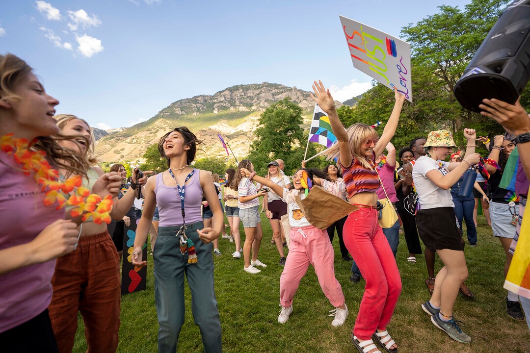 (Rick Egan | The Salt Lake Tribune) More than 1500 BYU students, friends and allies dance to the music of Lady Gaga, Brittney Spears and Taylor Swift, after a Pride March from Joaquin Park to Kiwanis Park,  in Provo, on Monday, June 28, 2021.