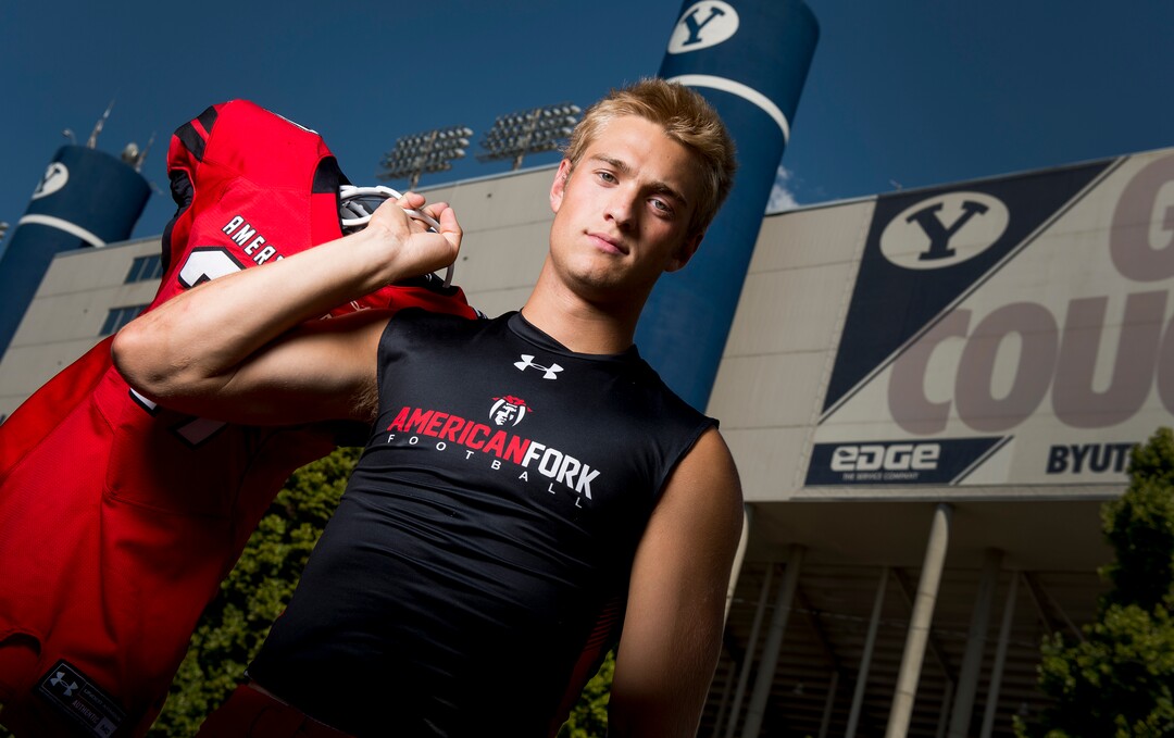 Leah Hogsten  |  The Salt Lake Tribune  American Fork High School football star Chase Roberts has committed to play for Brigham Young University, July 22, 2018.