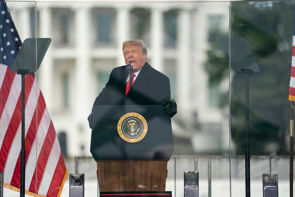 (Evan Vucci | AP photo)

President Donald Trump speaks during a rally protesting the electoral college certification of Joe Biden as President, Wednesday, Jan. 6, 2021, in Washington.