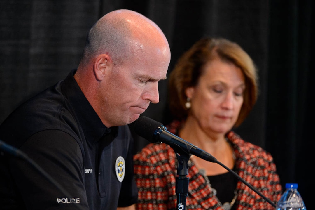 (Trent Nelson | The Salt Lake Tribune)  University of Utah Police Chief Dale Brophy and President Ruth Watkins at a press conference regarding the killing of University of Utah student athlete Lauren McCluskey, in Salt Lake City, Thursday Oct. 25, 2018.