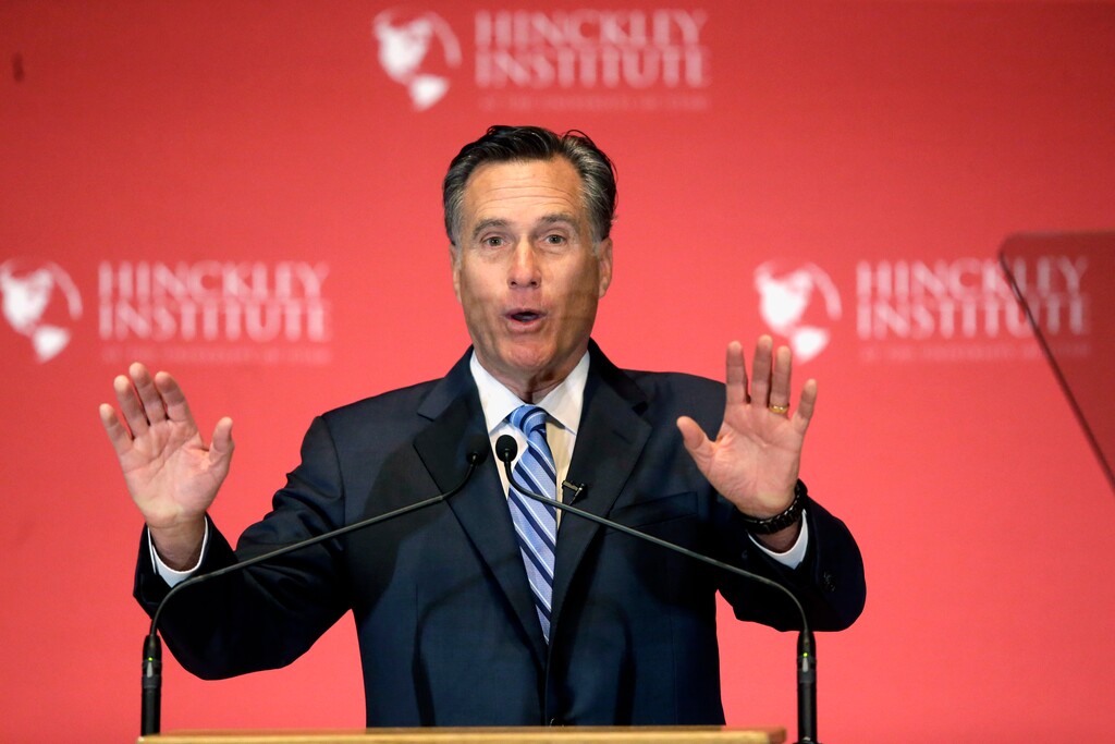 2012 Republican presidential candidate Mitt Romney weighs in on the Republican presidential race during a speech at the The University of Utah, Thursday, March 3, 2016, Salt Lake City. (AP Photo/Rick Bowmer)