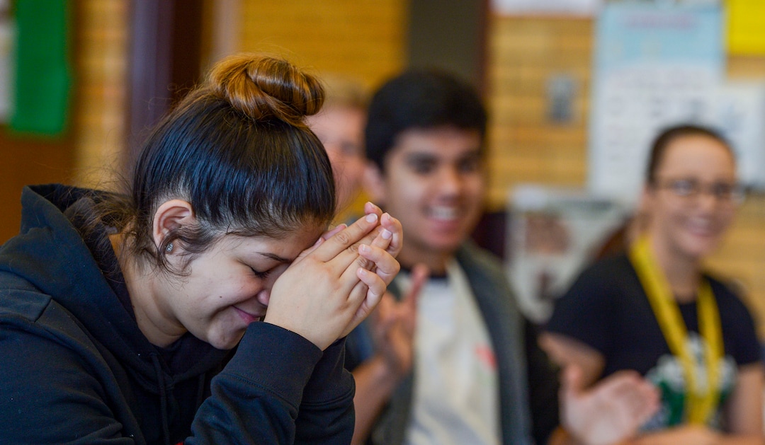 (Leah Hogsten  |  The Salt Lake Tribune) Cougar Claw sports editor Valencia Ortega reacts to Gabriel Dela Espriella's story pitch for the newspaper on cockroach milk. The student newspaper at Kearns High School, The Cougar Claw, is working to become the community newspaper for Kearns.
