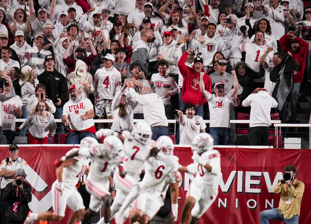 (Bethany Baker  |  The Salt Lake Tribune) Fans cheer as the Utah Utes force a turnover on downs during the game between the Utah Utes and the Kansas Jayhawks at Rice-Eccles Stadium in Salt Lake City on Saturday, Oct. 10, 2026.