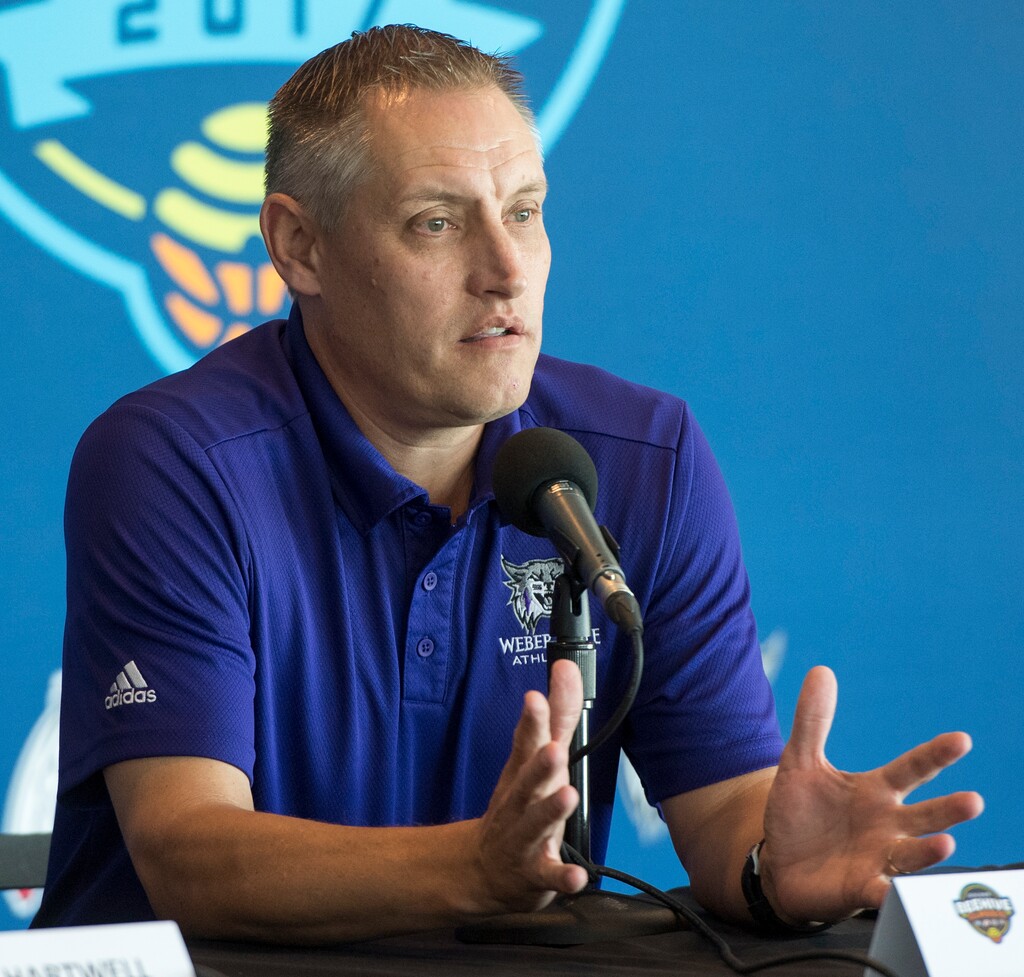 Rick Egan | The Salt Lake Tribune
Jerry Bovee, Athletic Director, Weber State University, talks about the new basketball showcase, featuring BYU, Utah, USU, and Weber State, at Vivint Smart Home Arena, Thursday, July 21, 2016.