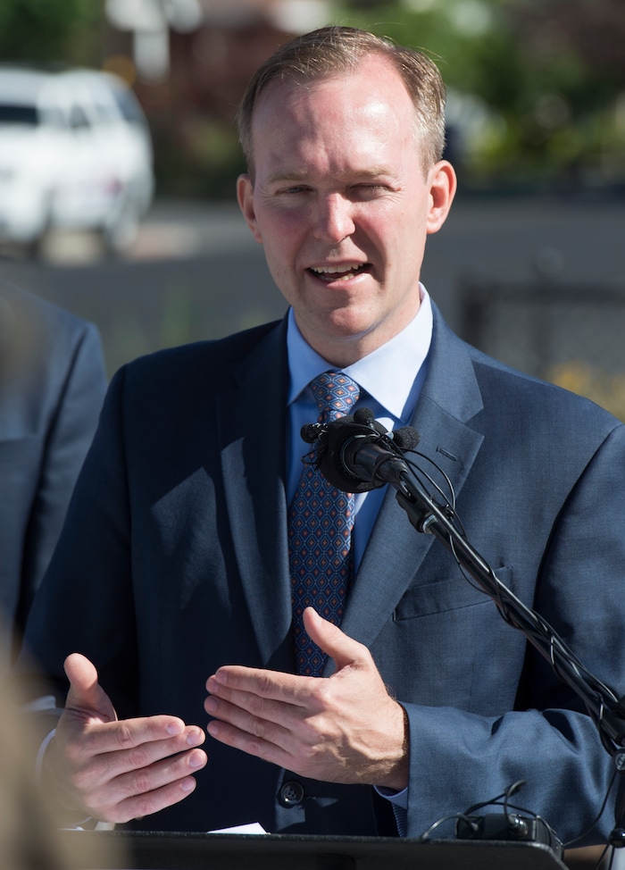 (Rick Egan  |  The Salt Lake Tribune)     Salt Lake County Mayor Ben McAdams, says a few words as South Salt Lake and other dignitaries met together to break ground on construction of UTA’s S-Line double track project, on 300 East and 2233 South, Monday, June 11, 2018.