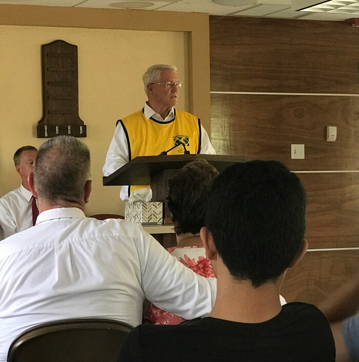 (Courtesy of The LDS Church)  Bishop Dean M. Davies, first counselor in the Presiding Bishopric of the Church, spoke to and comforted Latter-day Saints during a visit to San Juan, Puerto Rico, Friday, September 15, 2017.