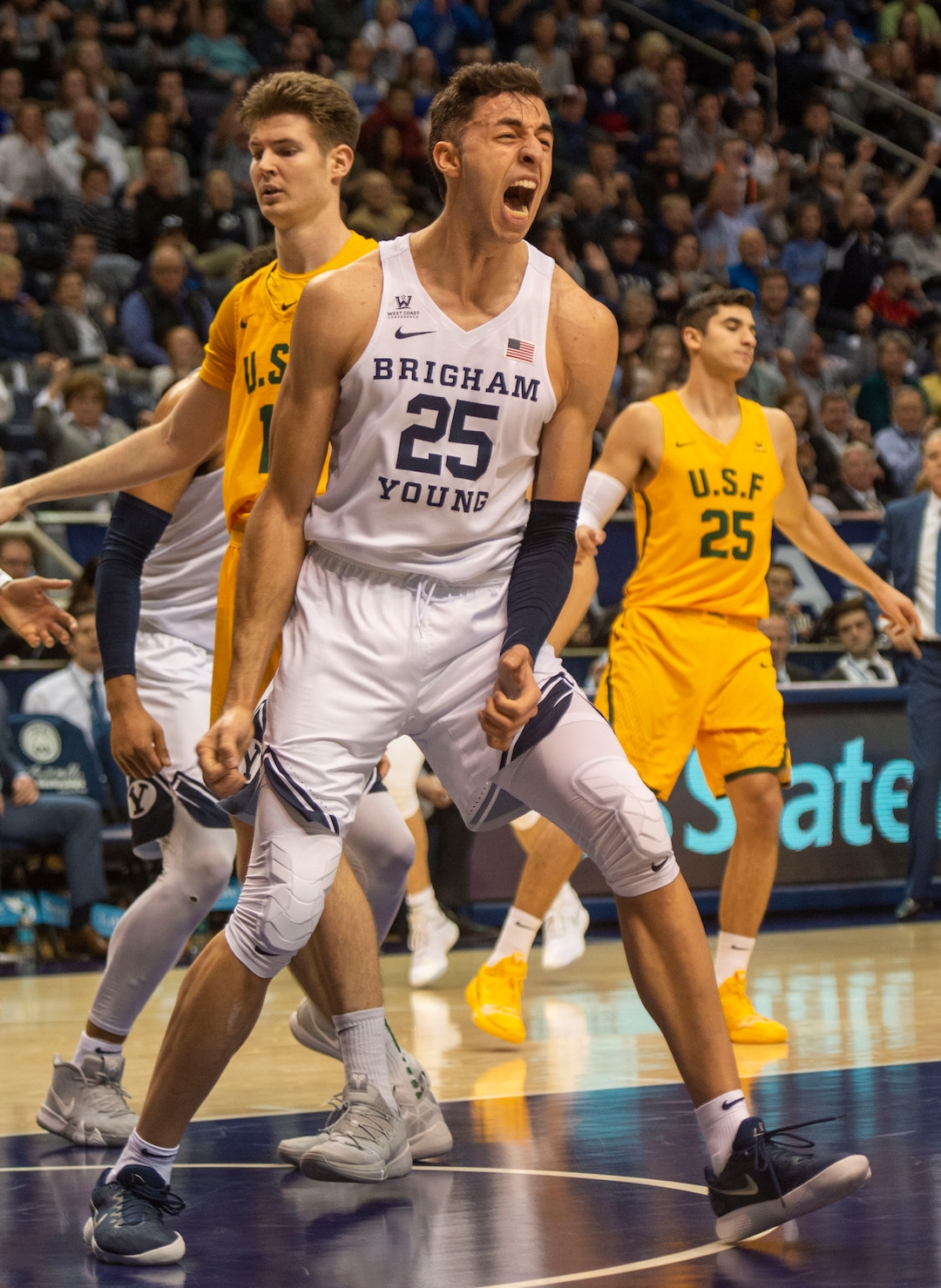 (Rick Egan  |  The Salt Lake Tribune)      Brigham Young Cougars forward Gavin Baxter (25) reacts as the Brigham Young Cougars extend their lead early in the second half, in WCC basketball action between Brigham Young Cougars and San Francisco Dons, at the Marriott  Center, Thursday, February 21, 2018.