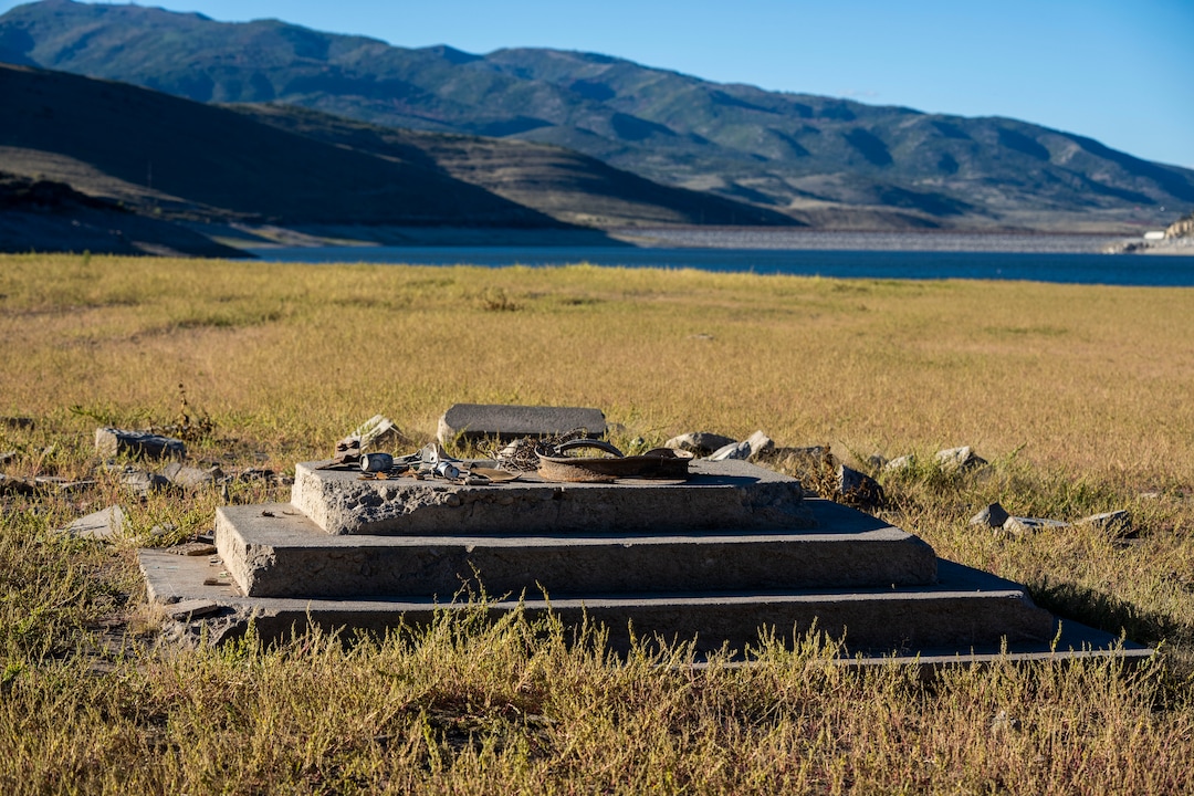 (Rick Egan | The Salt Lake Tribune)  Drought conditions have lowered the level of Rockport Reservoir to reveal parts of an old pioneer ghost town. Monday, Sept. 20, 2021.