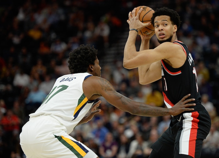 (Francisco Kjolseth  |  The Salt Lake Tribune)  Utah Jazz center Ed Davis (17) guards Portland Trail Blazers forward Skal Labissiere (17) as the Utah Jazz host the Portland Trailblazers in their NBA basketball game at Vivint Smart Home Arena in Salt Lake City on Wed. Oct. 16, 2019.