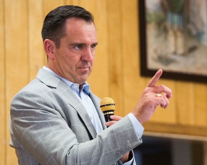 (Rick Egan  |  The Salt Lake Tribune)  Speaker Greg Hughes talks about the homeless problem with westside residents who say that the crackdown on crime in the Rio Grande area has pushed homeless people and drug activity toward their neighborhoods. Friday, August 25, 2017.


