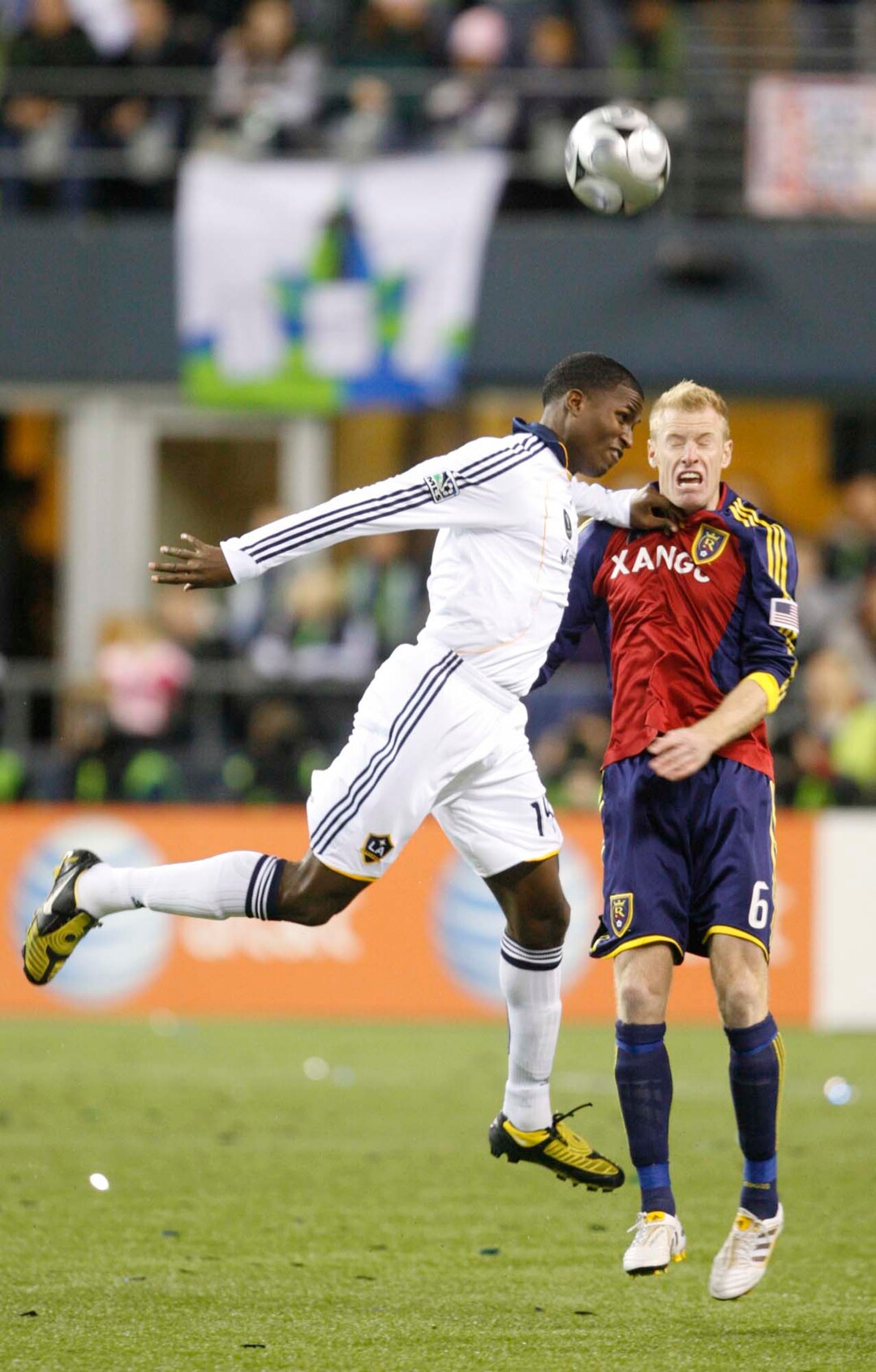 (Trent Nelson  |  Tribune file photo) Real Salt Lake defender Nat Borchers (6) and LA's  Edson Buddle. Real Salt Lake vs. LA Galaxy, MLS Cup Sunday, November 22 2009 at Qwest Field in Seattle.