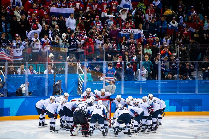 (Chris Detrick  |  The Salt Lake Tribune)  Members of team USA huddle around the net during the United States vs Olympic Athletes from Russia hockey game at Gangneung Hockey Centre during the Pyeongchang 2018 Winter Olympics Saturday, Feb. 17, 2018. Olympic Athletes from Russia defeated United States 4-0.