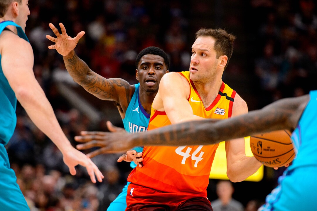(Trent Nelson  |  The Salt Lake Tribune) Utah Jazz forward Bojan Bogdanovic (44) as the Utah Jazz host the Charlotte Hornets, NBA basketball in Salt Lake City on Friday, Jan. 10, 2020.