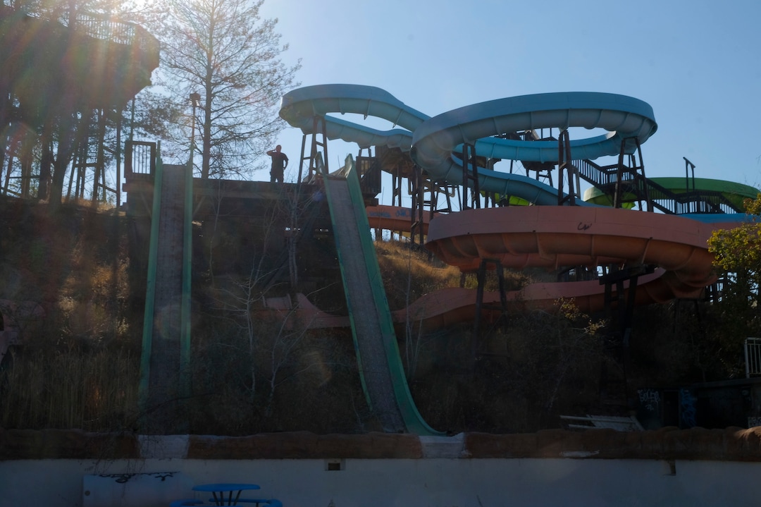(Leah Hogsten  |  The Salt Lake Tribune) The site is manned by security guards round the clock, Oct. 29, 2020. In the 1980's Raging Waters water park was home to the world's third wave pool. Today the property is in such disrepair that Salt Lake City needs to disassemble it and figure out some kind of new park to replace it. Closed since 2018,vandalism and operator abandonment has left the park a liability for the city.