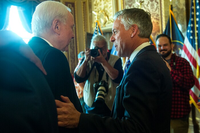 (Chris Detrick  |  The Salt Lake Tribune)  Jon M. Huntsman, Jr., U.S. Ambassador to Russia, speaks with Senator Orrin Hatch, R-Utah, during an Ambassadorial Swearing in Ceremony at the Utah Capitol Saturday, October 7, 2017. 